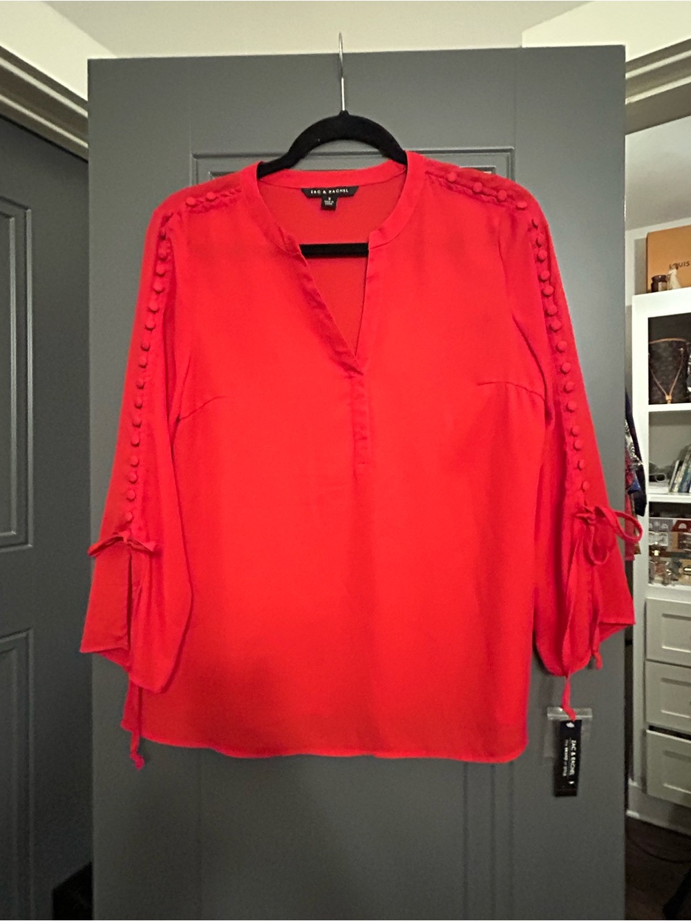 Rachel Zoe Vibrant Red Split-Neck Blouse with Button-Trim Sleeves